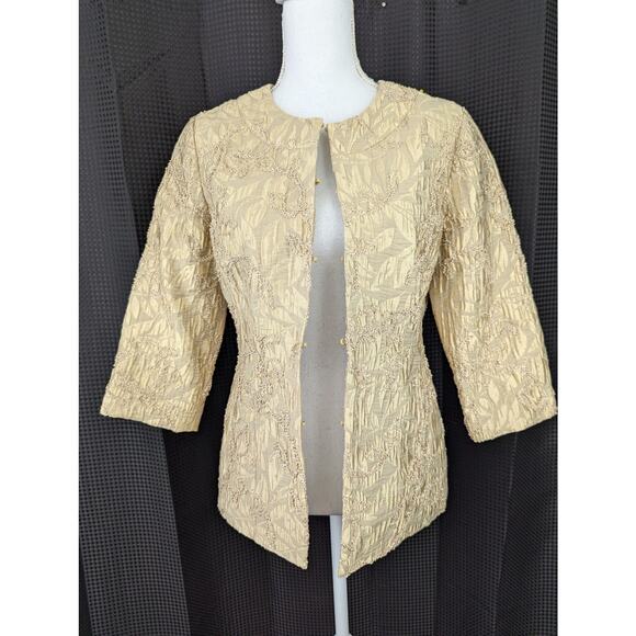 CHICO'S! STUNNING GOLD, RIBBON EMBROIDERED, 3/4 SLEEVE JACKET, BLAZER! SZ 2/4 - Picture 3 of 10
